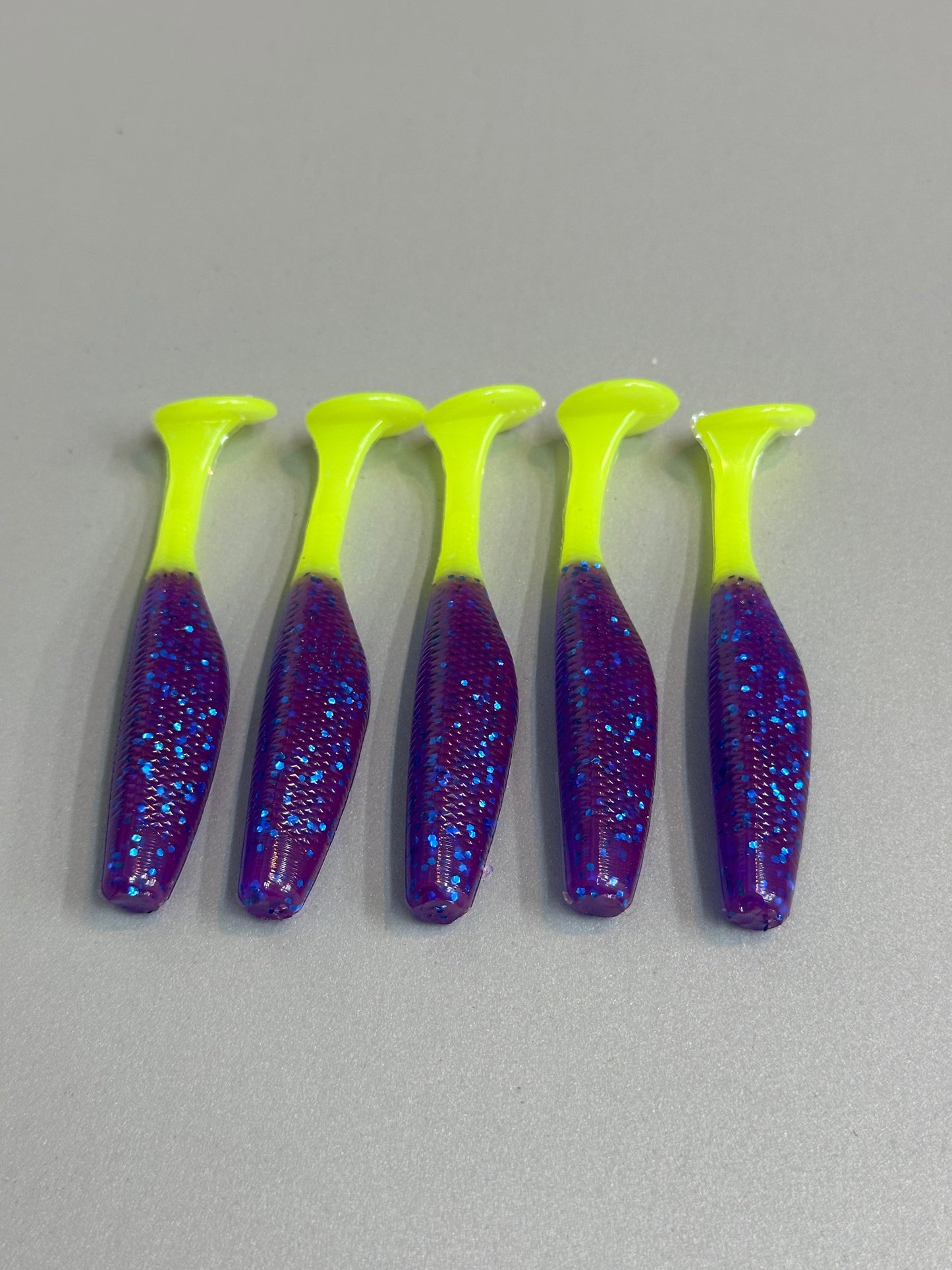 Sancho 3.8” Paddle Tail – Purple & Chartreuse (5 Pack)