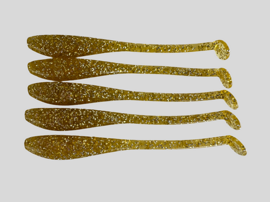 “Golden Ticket “ Soft Plastic Fishing Lures (10-Pack) – 5.5” Gold Glitter Paddle Tail for Trout, Redfish & Flounder