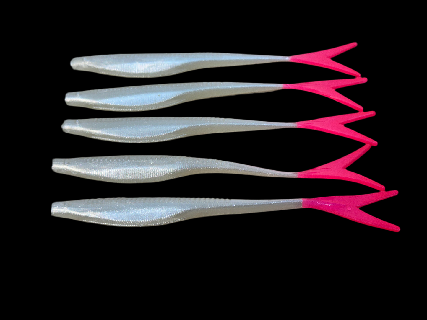 “Salty Pearl”  Pearl White Pink Tail  (5-Pack) – 5 inch ” Inshore Lures for Trout, Redfish & Flounder