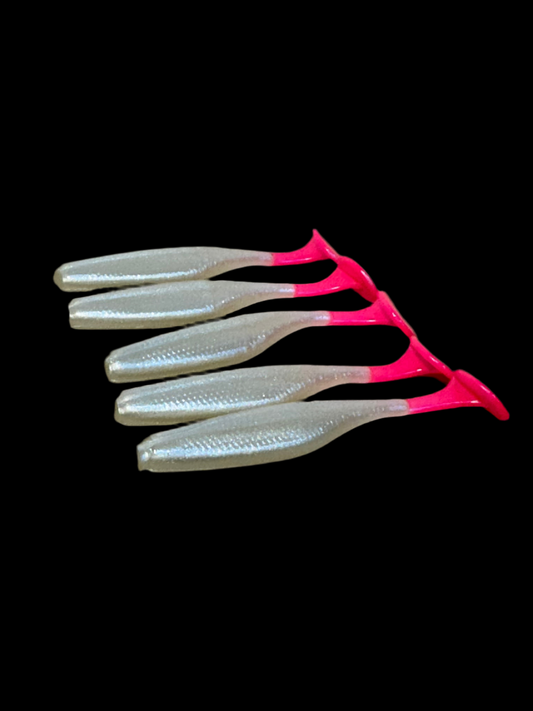 “Salty Pearl”  Pearl White Pink Tail Paddle Tail (5-Pack) – 3.8” Inshore Lures for Trout, Redfish & Flounder