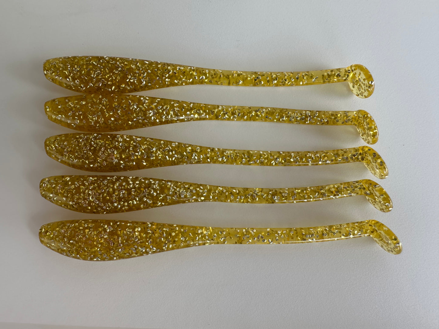 “Golden Ticket “ Soft Plastic Fishing Lures (10-Pack) – 5.5” Gold Glitter Paddle Tail for Trout, Redfish & Flounder