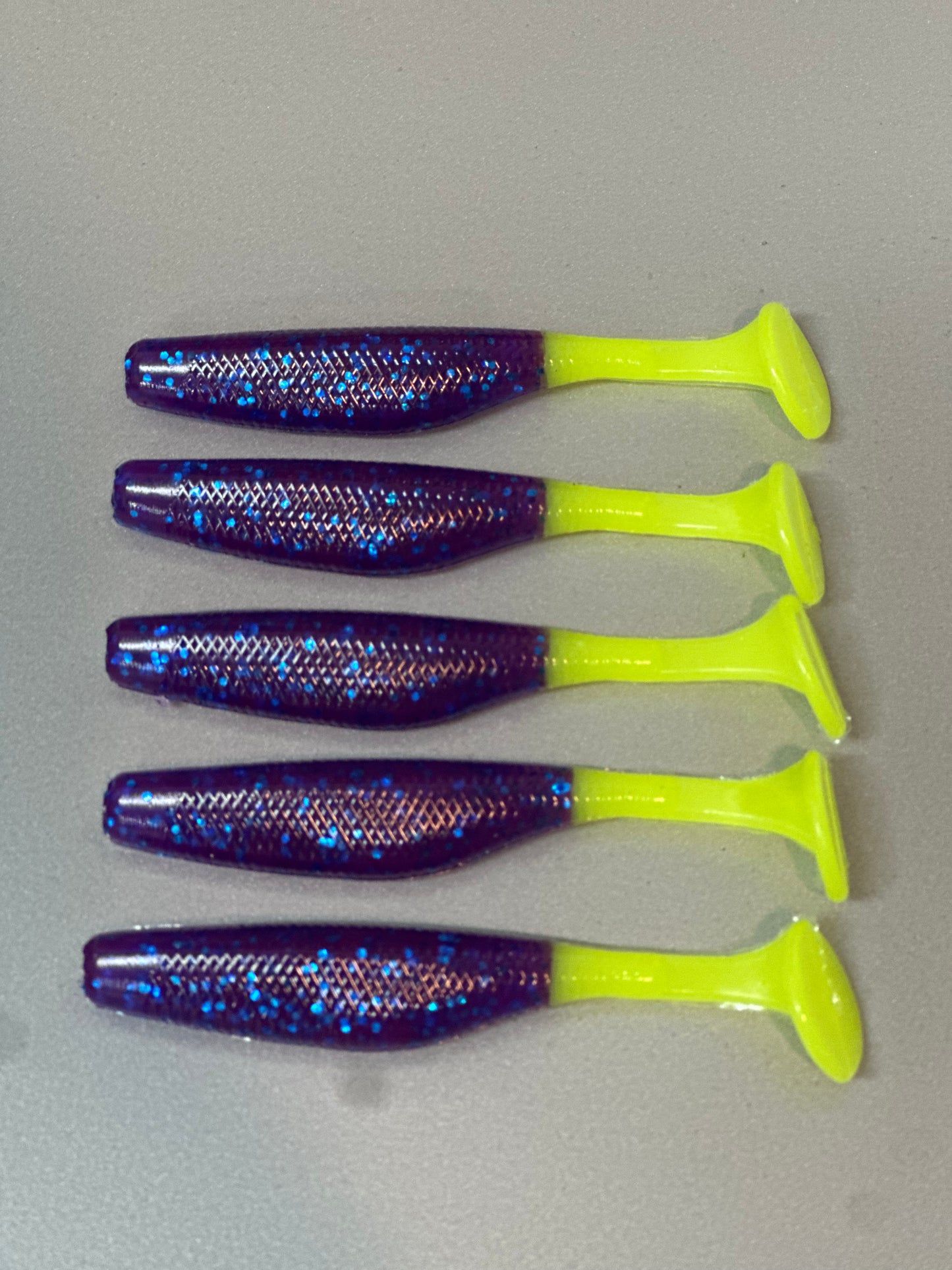 Sancho 3.8” Paddle Tail – Purple & Chartreuse (5 Pack)