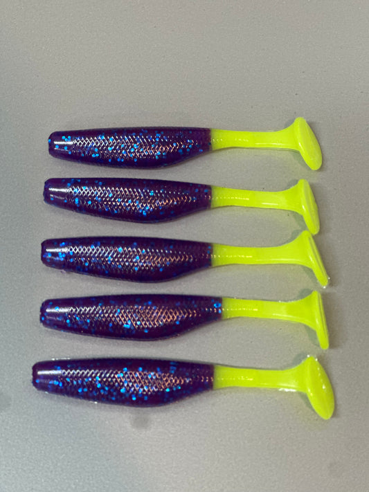 Sancho 3.8” Paddle Tail – Purple & Chartreuse (5 Pack)
