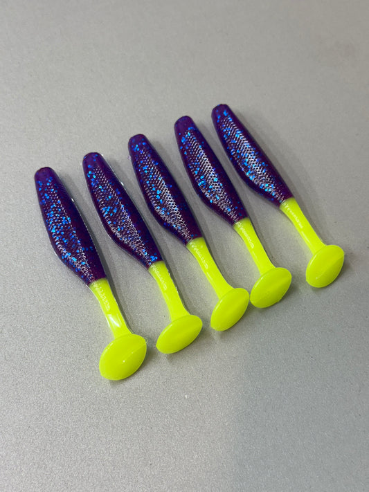 Sancho 3.8” Paddle Tail – Purple & Chartreuse (5 Pack)